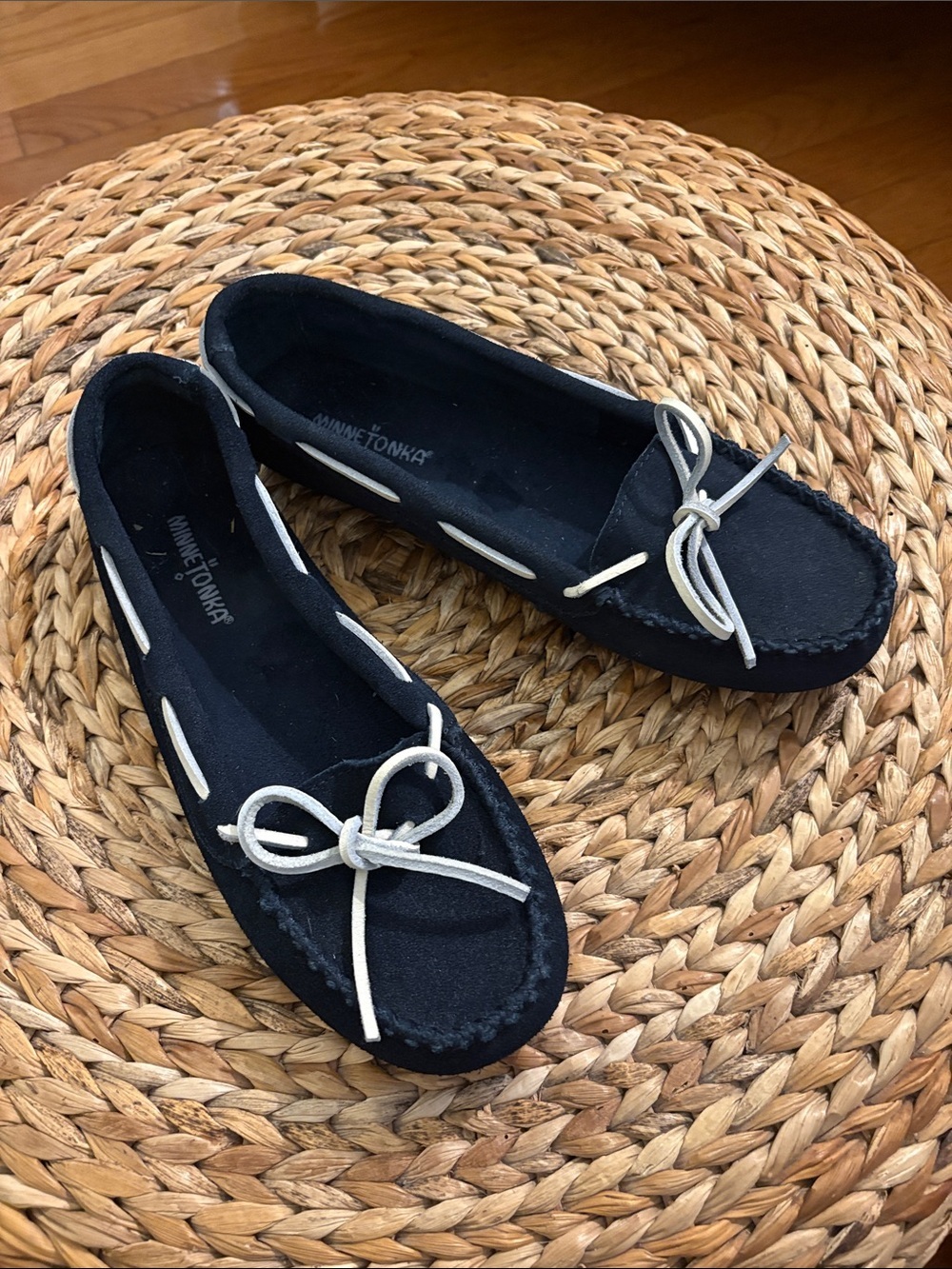 Minnetonka Navy Suede Moccasins with Cream Lacing